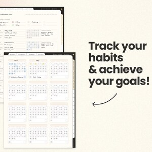 May include: A printable habit tracker with a black and white design. The tracker includes a section for daily, weekly, and monthly habits. The tracker also includes a section for goal setting. The text "Track your habits & achieve your goals!" is written in black on a white background.