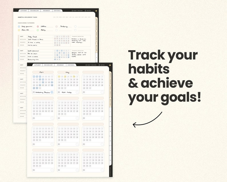 May include: A printable habit tracker with a black and white design. The tracker includes a section for daily, weekly, and monthly habits. The tracker also includes a section for goal setting. The text "Track your habits & achieve your goals!" is written in black on a white background.