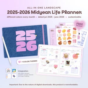 Op de afbeelding: Een digitale levensplanner voor 2025-2026 met een denim-textuur omslag en de roze cijfers "25 26". De planner bevat digitale stickers, 7 kleurenthema's en integratie met Apple- en Google-agenda's. De tekst luidt "ALL-IN-ONE LANDSCAPE" en "Midyear Life Planner".