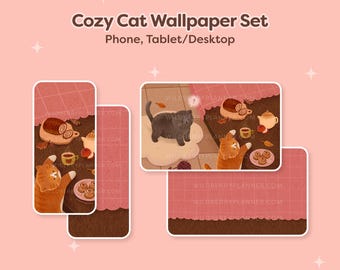 Fondos de pantalla de gatos acogedores, teléfono, iPad, tableta, escritorio, Android, fondo de pantalla, lindo fondo de pantalla de otoño, rosa y marrón, gato naranja