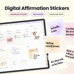 Tägliche Affirmationskarten-Aufkleber für Goodnotes, Digitale PNG-Aufkleber für digitale Planer, positive Zitate Pastell und Weiß Minimalist-Set