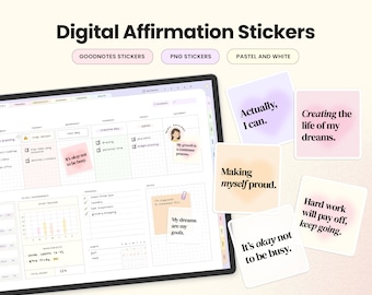 Dagelijkse bevestigingskaartstickers voor Goodnotes, digitale png-stickers voor digitale planners, positieve citaten pastel en witte minimalistische set