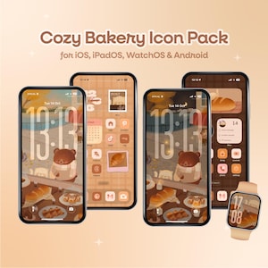Op de afbeelding: Een digitale illustratie van een "Cozy Bakery Icon Pack" voor iOS, iPadOS, WatchOS & Android. De afbeelding toont meerdere smartphones en een smartwatch met app-iconen met bakkerijthema en een berenpersonage. Het kleurenpalet bestaat uit warme bruin- en beigetinten.