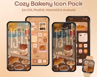 Tema de íconos de panadería acogedora, día y noche, paquete de íconos de gato y oso lindo, tema para teléfono iOS, iPad, tableta, Android, fondo de pantalla, tema de pan de otoño