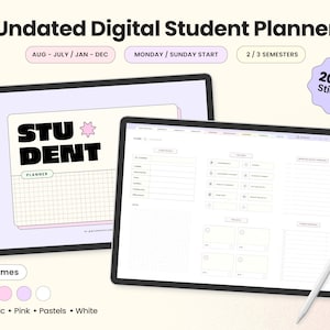 Undated Student Planner Digital, Customisable, Academic Stickers for Goodnotes, Landscape, Horizontal, Neutral, Pink, White and Pastel.