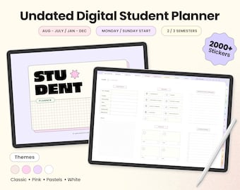 Studentenplanner zonder datum Digitale, aanpasbare, academische stickers voor Goodnotes, liggend, horizontaal, neutraal, roze, wit en pastel.