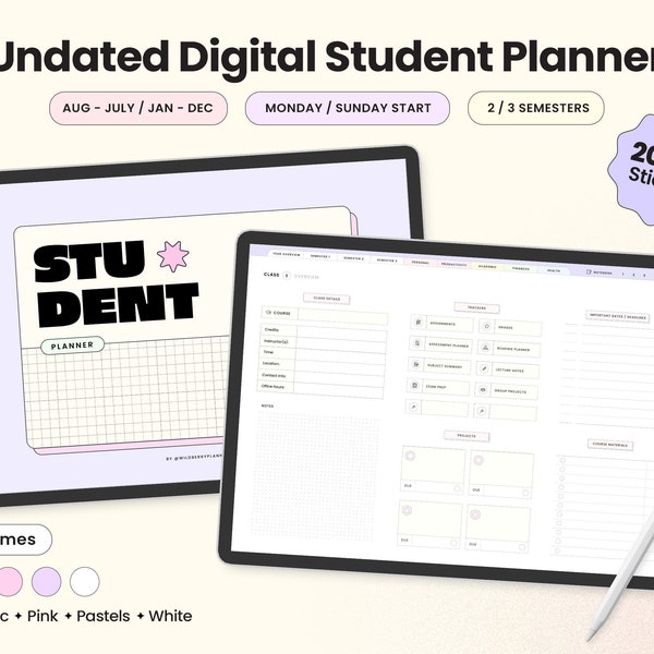 Undatierter Student Planner Digital, Anpassbare, Akademische Aufkleber für Goodnotes, Querformat, Horizontal, Neutral, Rosa, Weiß und Pastell.