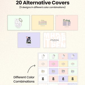 Op de afbeelding: Twintig verschillende coverontwerpen voor een levensplanner. De covers tonen verschillende kleuren en ontwerpen, waaronder "Ik heb het door", "Life Planner", "Vandaag wordt een goede dag", "E&eacute;n dag tegelijk" en "Maak dat het leven gebeurt".