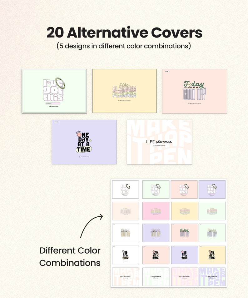 Op de afbeelding: Twintig verschillende coverontwerpen voor een levensplanner. De covers tonen verschillende kleuren en ontwerpen, waaronder "Ik heb het door", "Life Planner", "Vandaag wordt een goede dag", "E&eacute;n dag tegelijk" en "Maak dat het leven gebeurt".