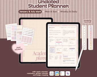 Agenda studentesca senza data, formato verticale / Inizio a gennaio e luglio / Agenda digitale / Colori neutri e pastello