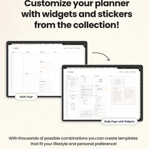 Op de afbeelding: Twee schermafbeeldingen van een digitale planner-app. De linker schermafbeelding toont een basis lay-out van een dagelijkse pagina met secties voor notities, afspraken en taken. De rechter schermafbeelding toont een meer aangepaste dagelijkse pagina met widgets en stickers. De tekst "Daily Page" verschijnt op de linker schermafbeelding en "Daily Page with Widgets" verschijnt op de rechter schermafbeelding.