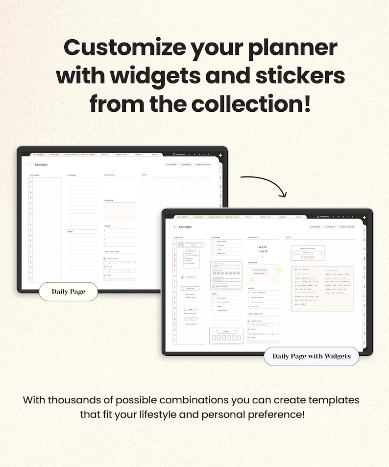 Op de afbeelding: Twee schermafbeeldingen van een digitale planner-app. De linker schermafbeelding toont een basis lay-out van een dagelijkse pagina met secties voor notities, afspraken en taken. De rechter schermafbeelding toont een meer aangepaste dagelijkse pagina met widgets en stickers. De tekst "Daily Page" verschijnt op de linker schermafbeelding en "Daily Page with Widgets" verschijnt op de rechter schermafbeelding.