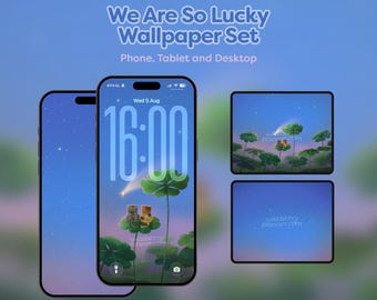 Siamo così fortunati! Sfondi per telefono, iPad, tablet e computer. Simpatici sfondi disegnati a mano con gatto, trifoglio e stella cadente.