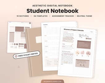 Cuaderno digital para estudiantes, Notas para estudiantes, Universidad, Seguimiento de tareas académicas, Notas adhesivas, Neutral, Cuaderno, Hipervinculado, Goodnotes