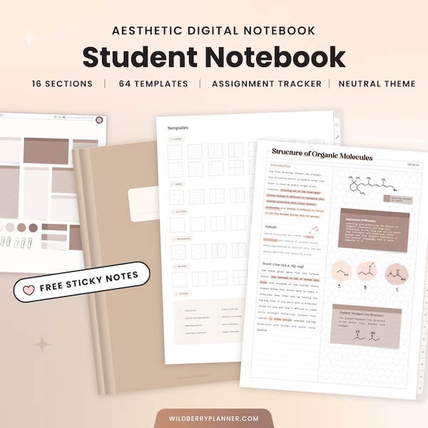 Student Digital Notebook, Notes for Students, College, Academic Assignment tracker, Sticky Notes, Neutral, Notebook, Hyperlinked, Goodnotes