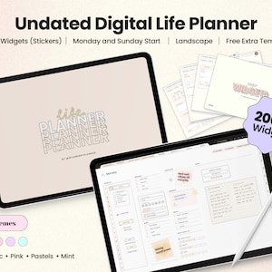 Op de afbeelding: Een digitale levensplanner op een tablet met een lichtbruine achtergrond. De planner heeft een rasterindeling met secties voor dagelijkse taken, notities en doelen. De planner bevat ook een verscheidenheid aan widgets, zoals gewoontetrackers, stemmingstrackers en dankbaarheidslogboeken. De planner is verkrijgbaar in vier thema's: klassiek, roze, pasteltinten en mint. De tekst op het scherm luidt "life planner" en "2000+ widgets".