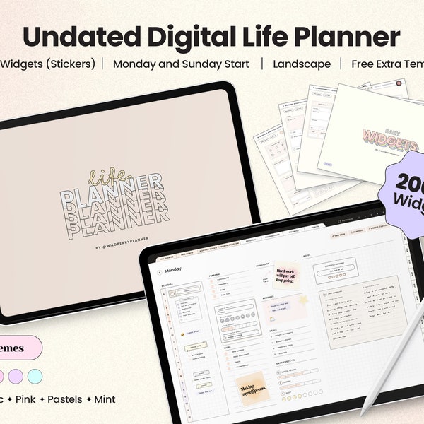 Undated Life Planner Digital, Customisable, iPad Planner Landscape, Horizontal, Neutral, Pink, Mint and Pastel. For GoodNotes and other apps