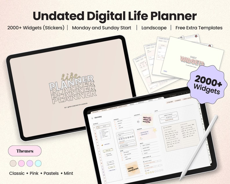 Op de afbeelding: Een digitale levensplanner op een tablet met een lichtbruine achtergrond. De planner heeft een rasterindeling met secties voor dagelijkse taken, notities en doelen. De planner bevat ook een verscheidenheid aan widgets, zoals gewoontetrackers, stemmingstrackers en dankbaarheidslogboeken. De planner is verkrijgbaar in vier thema's: klassiek, roze, pasteltinten en mint. De tekst op het scherm luidt "life planner" en "2000+ widgets".