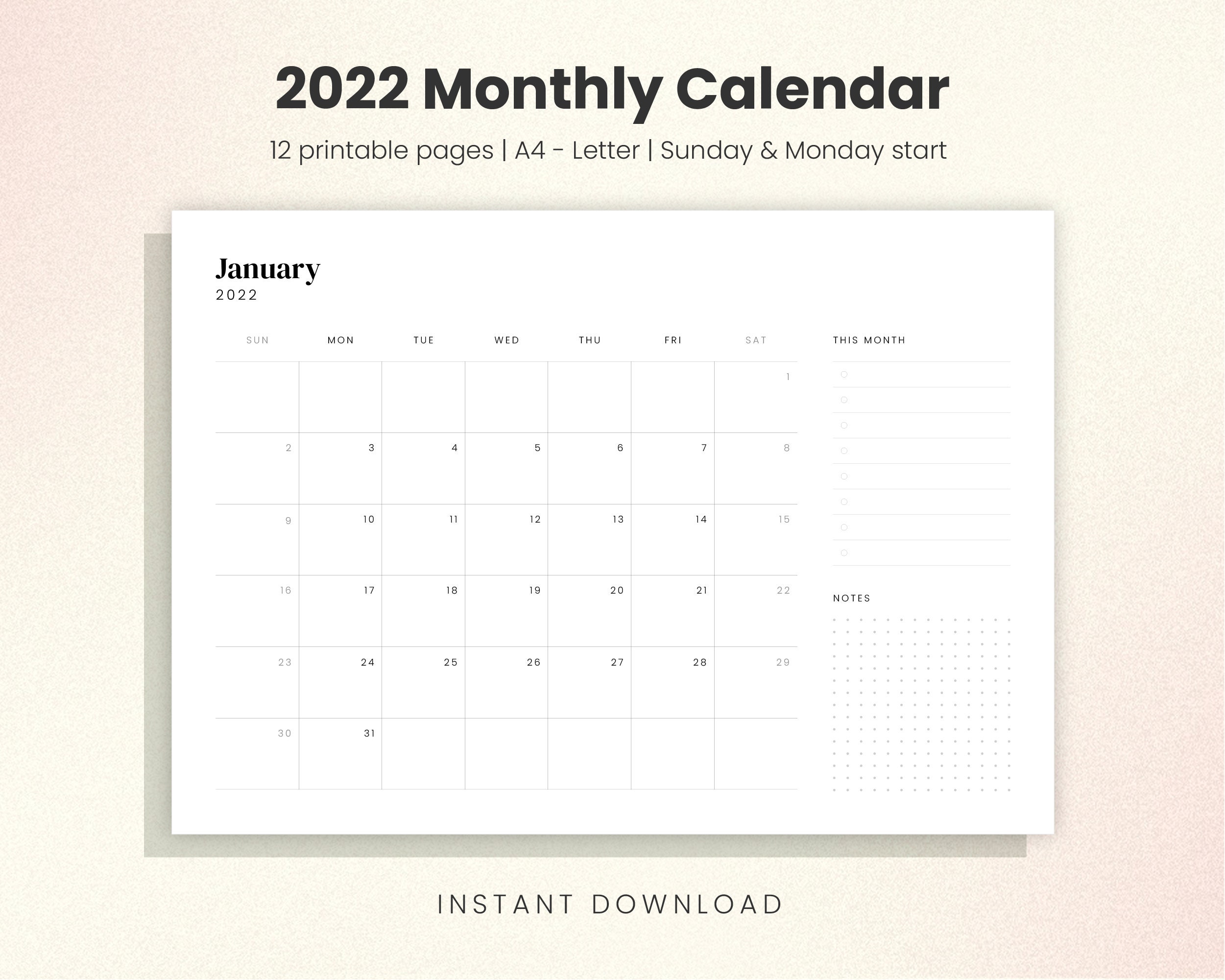 minimalist calendar 2022 printable monthly planner template etsy