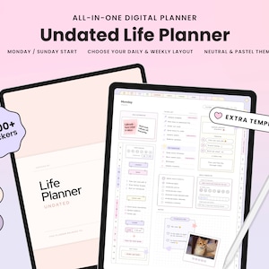 Pu&ograve; includere: Un planner digitale per iPad con uno schema di colori rosa e viola. Il planner &egrave; non datato e include oltre 2000 adesivi. Il planner ha una linguetta che dice "Luned&igrave;" e include una sezione per "Modelli aggiuntivi".