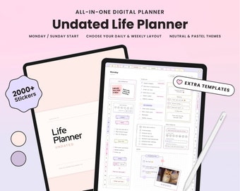 Undated Life Planner, Digital Portrait Planner, Customisable, Pastel, Neutral, Cute Digital Planner for Goodnotes and note taking apps