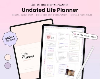 Niet-gedateerde Life Planner, Digital Portrait Planner, Aanpasbaar, Pastel, Neutraal, Leuke digitale planner voor Goodnotes en notitie-apps