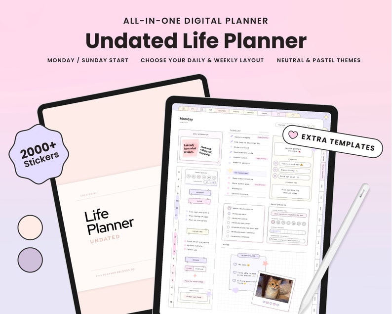 Pu&ograve; includere: Un planner digitale per iPad con uno schema di colori rosa e viola. Il planner &egrave; non datato e include oltre 2000 adesivi. Il planner ha una linguetta che dice "Luned&igrave;" e include una sezione per "Modelli aggiuntivi".