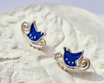 Handmade Sterling Silver Blue Enamel Bird Earrings, Artisan Jewelry