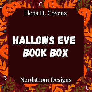 May include: A dark red square with rounded corners, featuring white text that reads "Elena H. Covens Hallows Eve Book Box Nerdstrom Designs". The square is surrounded by a pattern of orange pumpkins, green leaves, and brown vines on a dark red background.