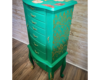 Sold! Do not purchase! Green Floral Boho Ombré Emerald Green Standing Jewelery Cabinet