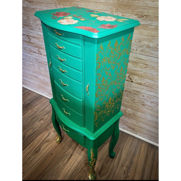 Sold! Do not purchase! Green Floral Boho Ombré Emerald Green Standing Jewelery Cabinet