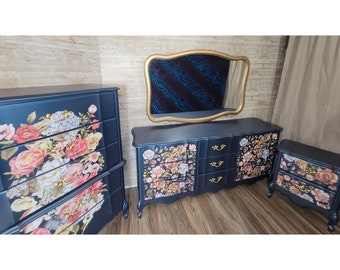 Sold! Do not purchase! Hand Painted Blue and Gold Floral Bedroom Set