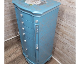 Standing Jewelry Blue Floral Armoire Cabinet