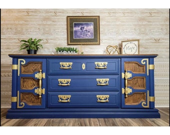 Sold! Do not purchase! Elegant Vintage Hand Painted 9 Drawer Dresser or Kitchen Buffet in Blue and Gold