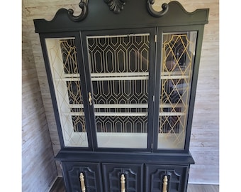 SOLD DO NOT purchase, Beautiful Ornate Black and Gold Hand Painted China Cabinet, Hutch and Buffet 2 Piece Lighted Cabinet