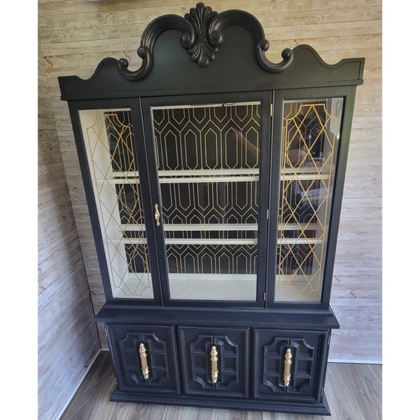 SOLD DO NOT purchase, Beautiful Ornate Black and Gold Hand Painted China Cabinet, Hutch and Buffet 2 Piece Lighted Cabinet