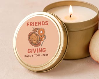 Personalized Friendsgiving Gifts, Friendsgiving Candle, Thanksgiving Favors, Custom Host Names Gold Tin or Glass Jar FC190