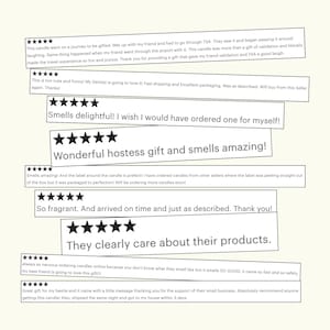 a collection of positive reviews for a scented candle, with stars indicating that the candles are described as "amazing" and "fragrant". The reviews express satisfaction with the candles, noting that they smell good and arrive on time. The reviews also mention that the candles are made with care and are recommended for small businesses.