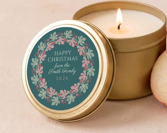 Happy Christmas Candle, Fig Wreath Label, Family Christmas Gifts, Bulk Candle Favors, Custom Family Name Gold Tin or Glass Jar FC179