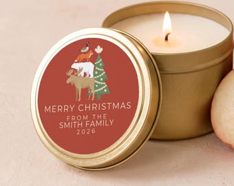 Canadian Gifts, Canada Animals Christmas Candle, Family Christmas Gifts, Bulk Favors, Custom Family Name Gold Tin or Glass Jar FC174