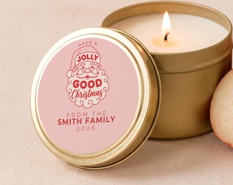 Vintage Santa Candle, Jolly Good Christmas, Retro Christmas Gifts, Bulk Candle Favors, Custom Family Name Gold Tin or Glass Jar FC181