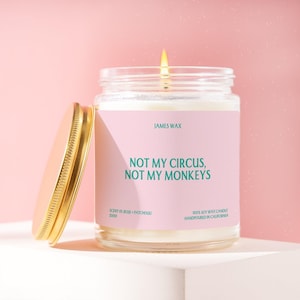 May include: A clear glass jar candle with a lit wick and a gold metal lid. The label is light pink with dark green text that reads: JAMES WAX, NOT MY CIRCUS, NOT MY MONKEYS, SCENT 01 ROSE + PATCHOULI, 100% SOY WAX CANDLE HANDPOURED IN CALIFORNIA.