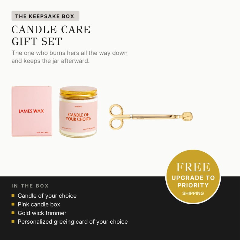 The image is an advertisement for a gift set called "The Keepsake Box" that includes a candle, a pair of scissors, and a personalized greeting card.