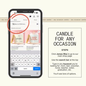 The image is a smartphone displaying a search for items on a website, with a candle for any occasion candle visible on the screen.