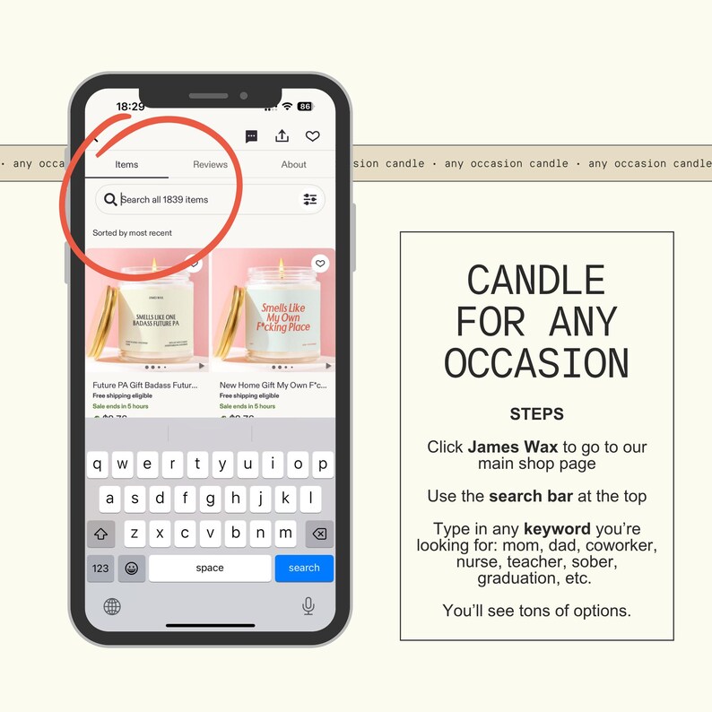 The image is a smartphone displaying a search for items on a website, with a candle for any occasion candle visible on the screen.