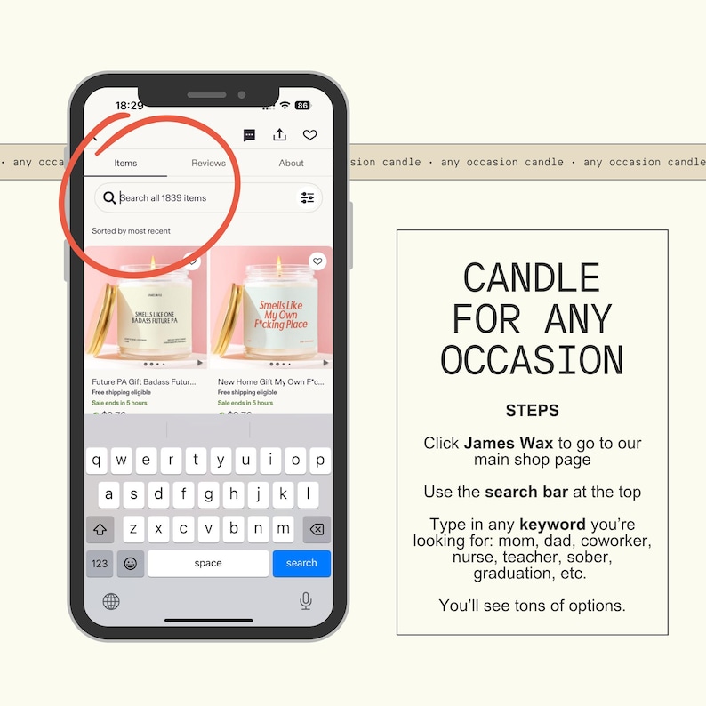 The image is a smartphone displaying a search for items on a website, with a candle for any occasion candle visible on the screen.