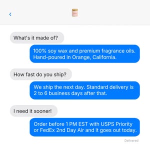 The image is a screenshot of a text conversation with a person discussing the contents of a product, specifically 100% soy wax and premium fragrance oils. The conversation is taking place in Orange, California, and the person is asking about the shipping speed and the best time to order the product.