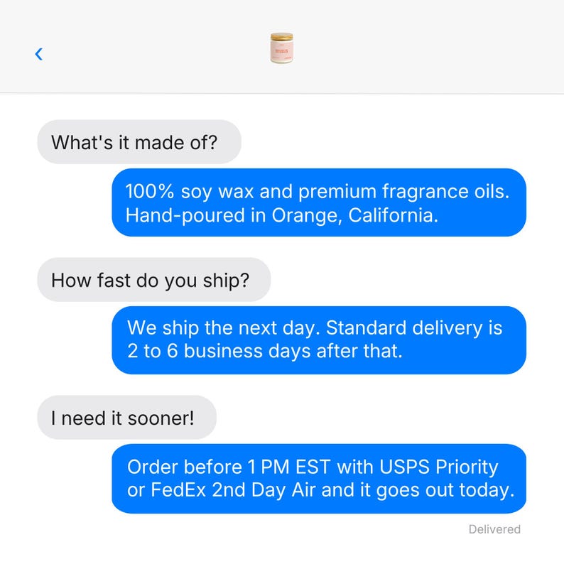 The image is a screenshot of a text conversation with a person discussing the contents of a product, specifically 100% soy wax and premium fragrance oils. The conversation is taking place in Orange, California, and the person is asking about the shipping speed and the best time to order the product.