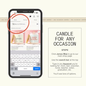 The image is a smartphone displaying a search for items on a website, with a candle for any occasion candle visible on the screen.