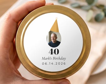 Personalized 40th Birthday Gifts, 40th Birthday Candle, Photo Candle, Custom Photo Name and Age Gold Tin or Glass Jar FC198